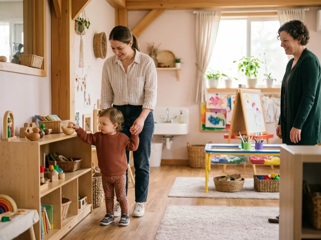Parent and toddler visiting a home-style childcare room before the first day