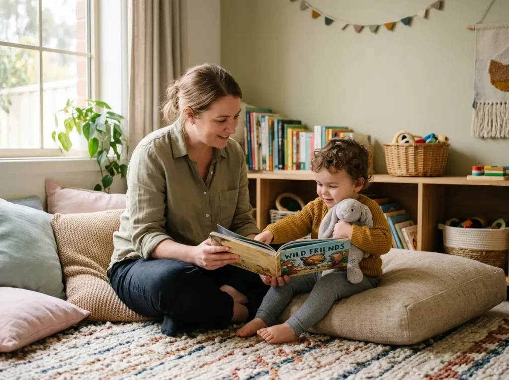 Educator comforting a toddler with a soft toy in a reading corner