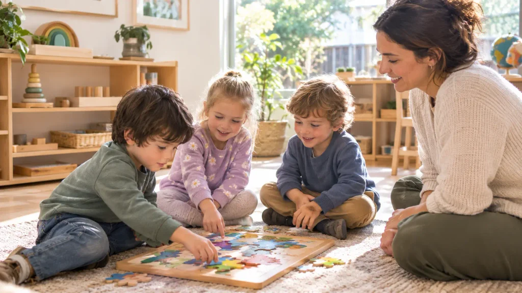 Educator helping two children talk through a disagreement during play