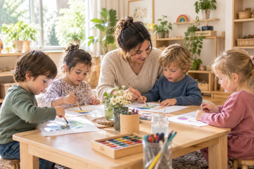 Children chatting and playing together at a wooden play kitchen