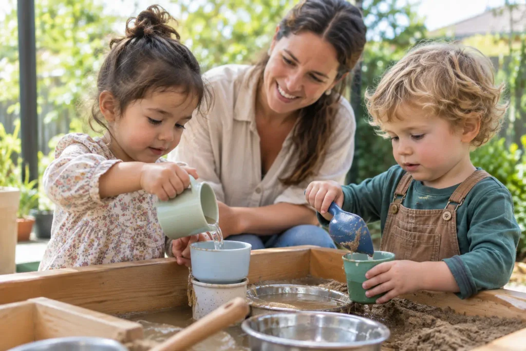 Young children exploring water and sand play at a sensory table