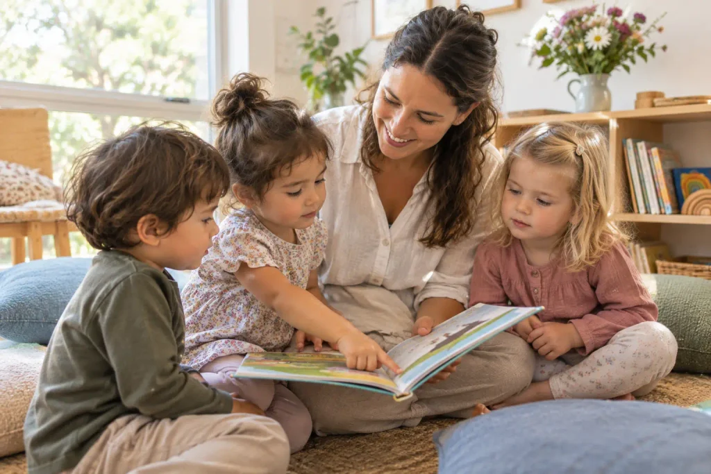 Educator reading a picture book to preschool children during story time